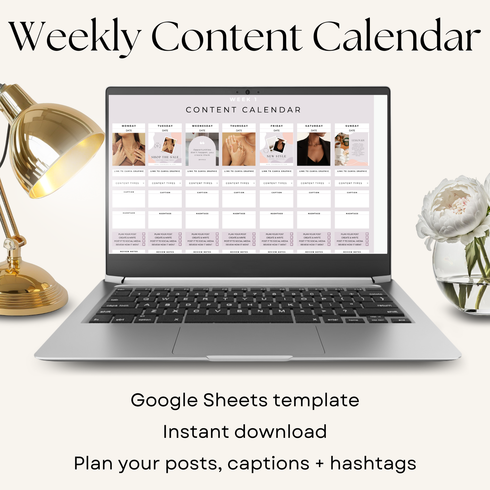 Social media content calendar google sheets template. Weekly content planner..