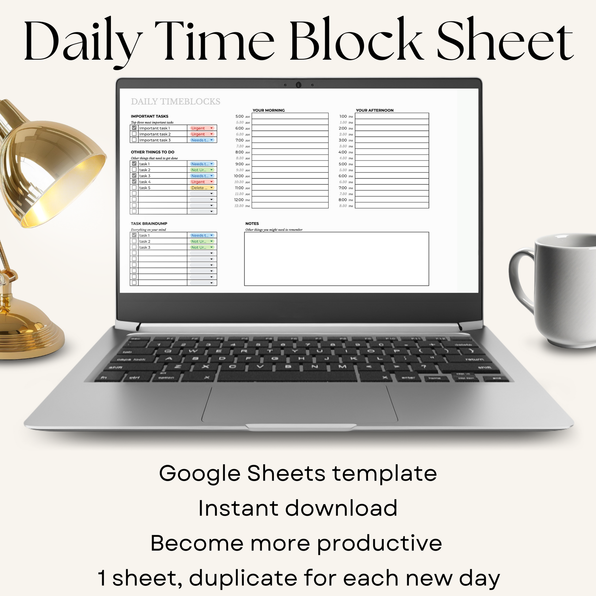 Daily time block sheet productivity tool for google sheets. daily planner