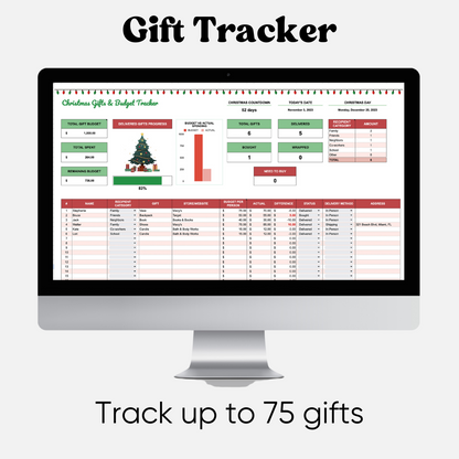 Visual representation of the Gift Tracker in the Christmas Planner, emphasizing a well-organized spreadsheet template for efficient gift planning. The template provides a structured approach to tracking and managing holiday gifts.