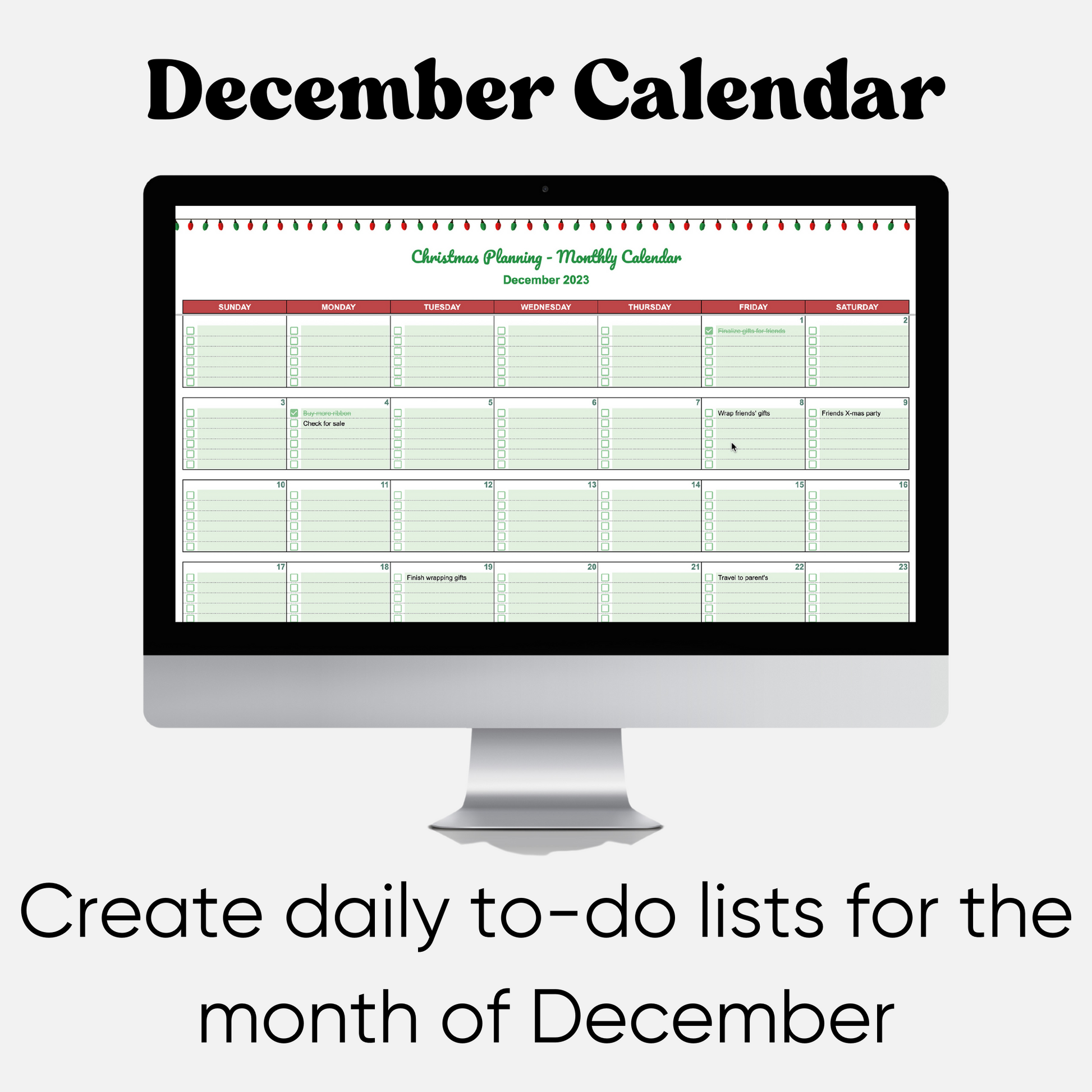 Snapshot of the Christmas Planner template's calendar section, providing a visual overview of holiday events and plans. The spreadsheet template assists in scheduling and coordinating festive activities