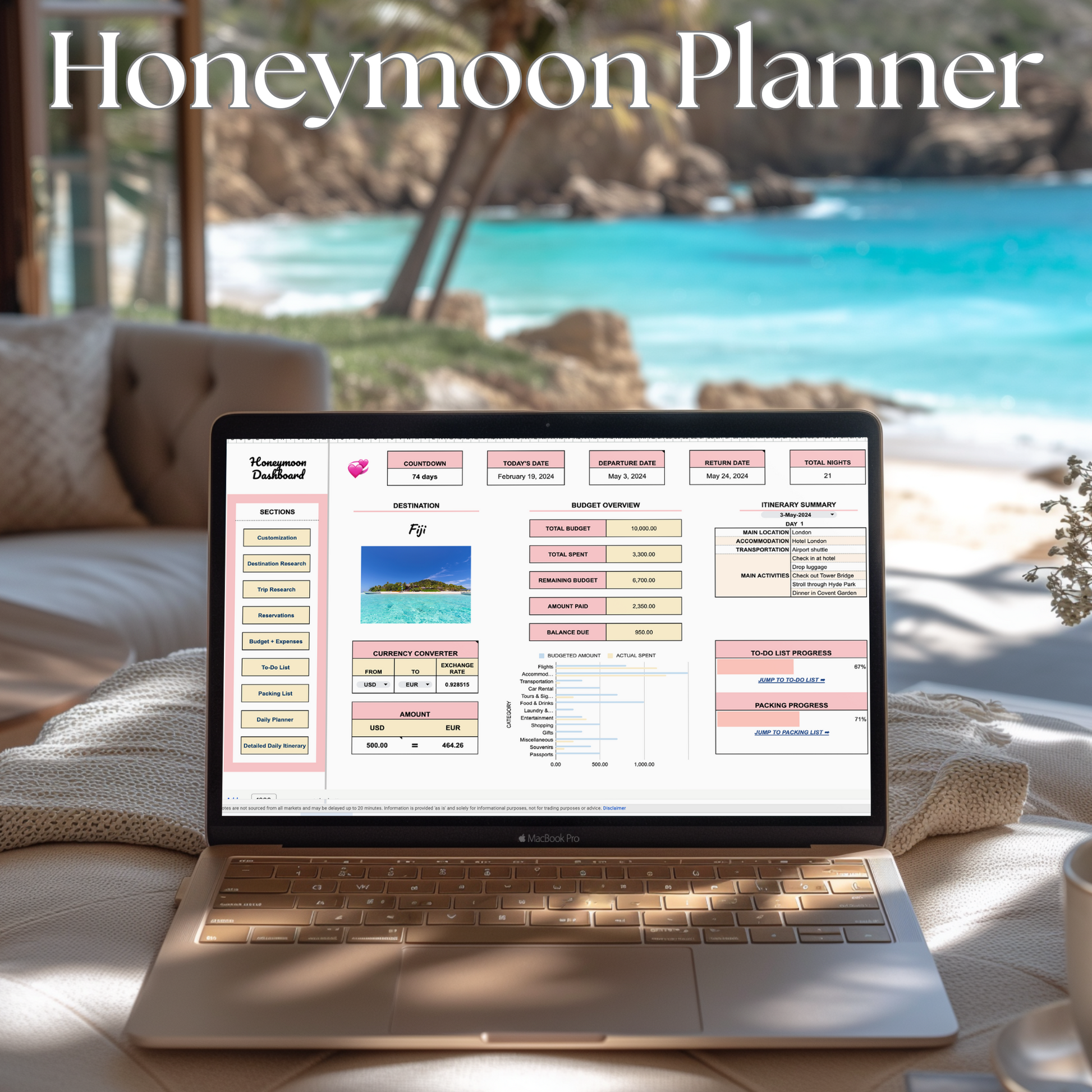 Plan your dream honeymoon with the help of our meticulously crafted Honeymoon Planner. Personalize your itinerary, manage your budget and expenses, and collaborate seamlessly with the intuitive and user-friendly Google Sheets interface. Download your honeymoon planner today and say "YES" to stress-free planning!