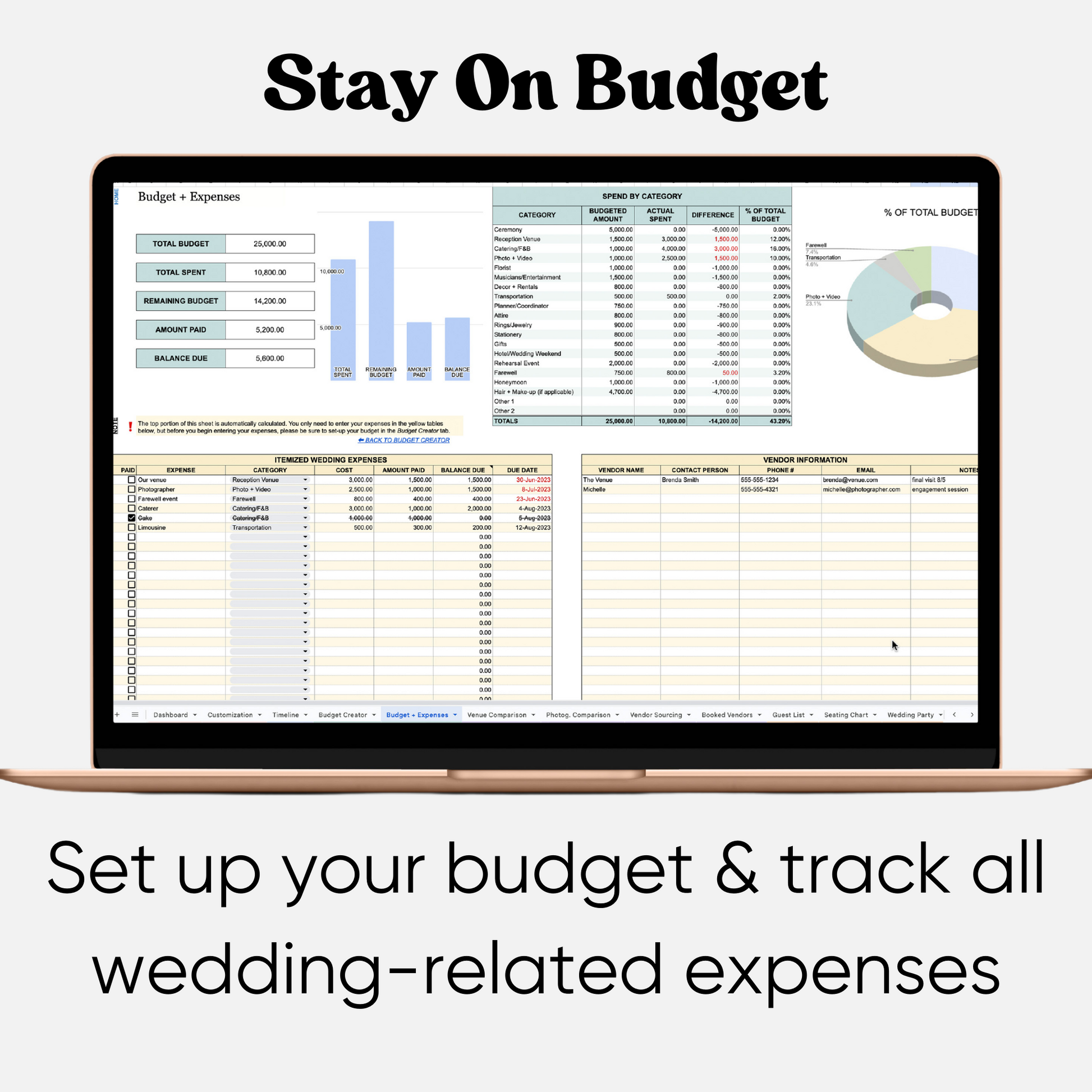 Close-up view of the Wedding Planner template's budgeting section, showcasing a gender-neutral spreadsheet with customizable categories for wedding expenses. The template provides an inclusive and organized budgeting solution.