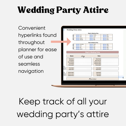 A preview of the LGBTQ+ Friendly Digital Wedding Planner, featuring a gender-neutral design. The image highlights sections for budgeting, guest list management, and a customizable seating chart for an inclusive wedding planning experience