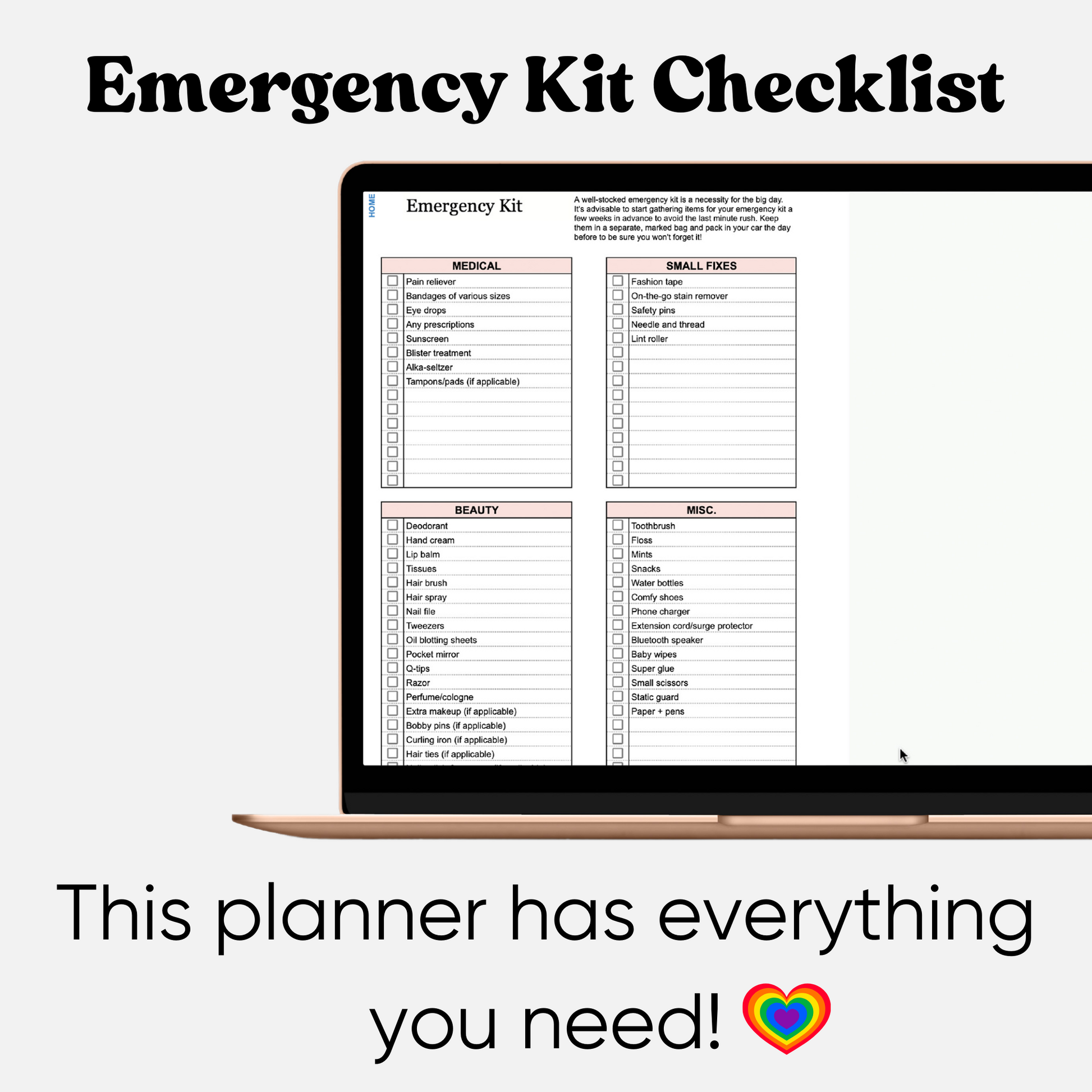 A preview of the LGBTQ+ Friendly Digital Wedding Planner, featuring a gender-neutral design. The image highlights sections for budgeting, guest list management, and a customizable seating chart for an inclusive wedding planning experience. Emergency kit checklist.