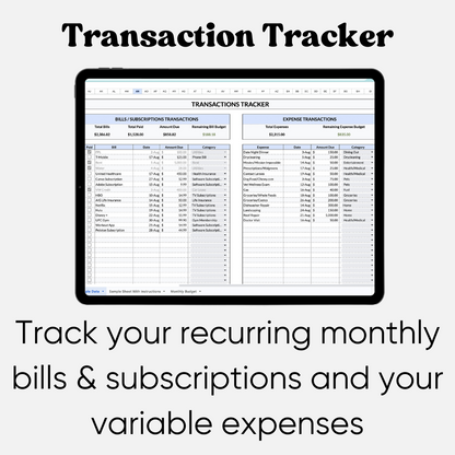 Overview image of the Budget Planner, highlighting sections for managing subscriptions and tracking bills. The spreadsheet ensures a comprehensive approach to personal finance, including recurring expenses.