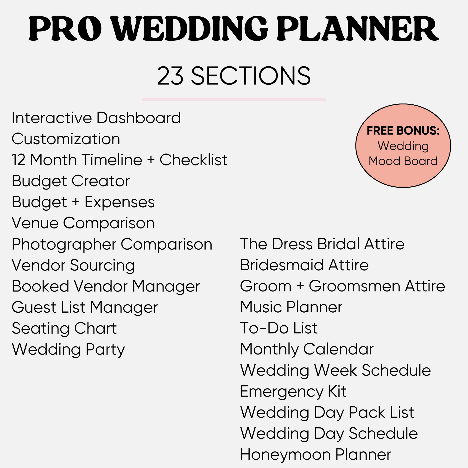 An overview image of the Digital Wedding and Honeymoon Planner Bundle showcasing a colorful and organized spreadsheet template for Google Sheets. The bundle includes sections for planning, budgeting, and guest management