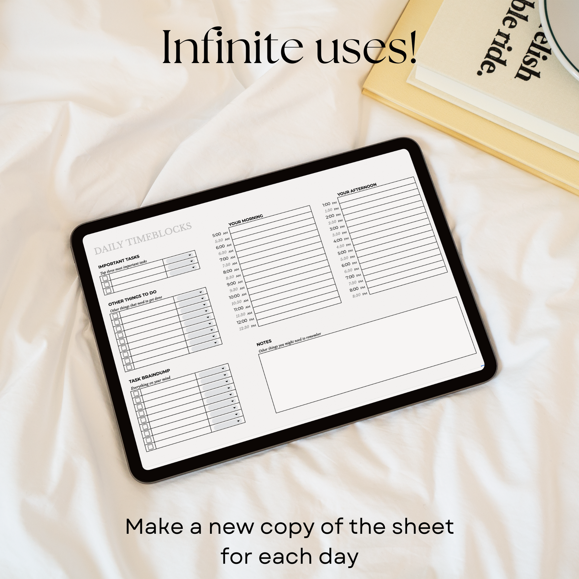 Daily timeblock sheet productivity tool for google sheets. Daily planner.
