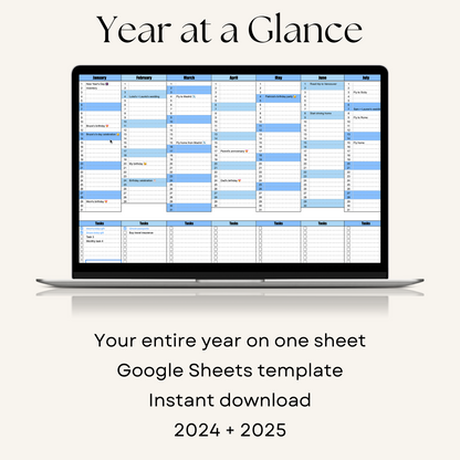 Snapshot of the multi-year 2024 and 2025 Year-at-a-Glance Annual Calendar for Google Sheets, a productivity tool designed for efficient goal planning and tracking. The image showcases a visually organized spreadsheet layout for annual overview.