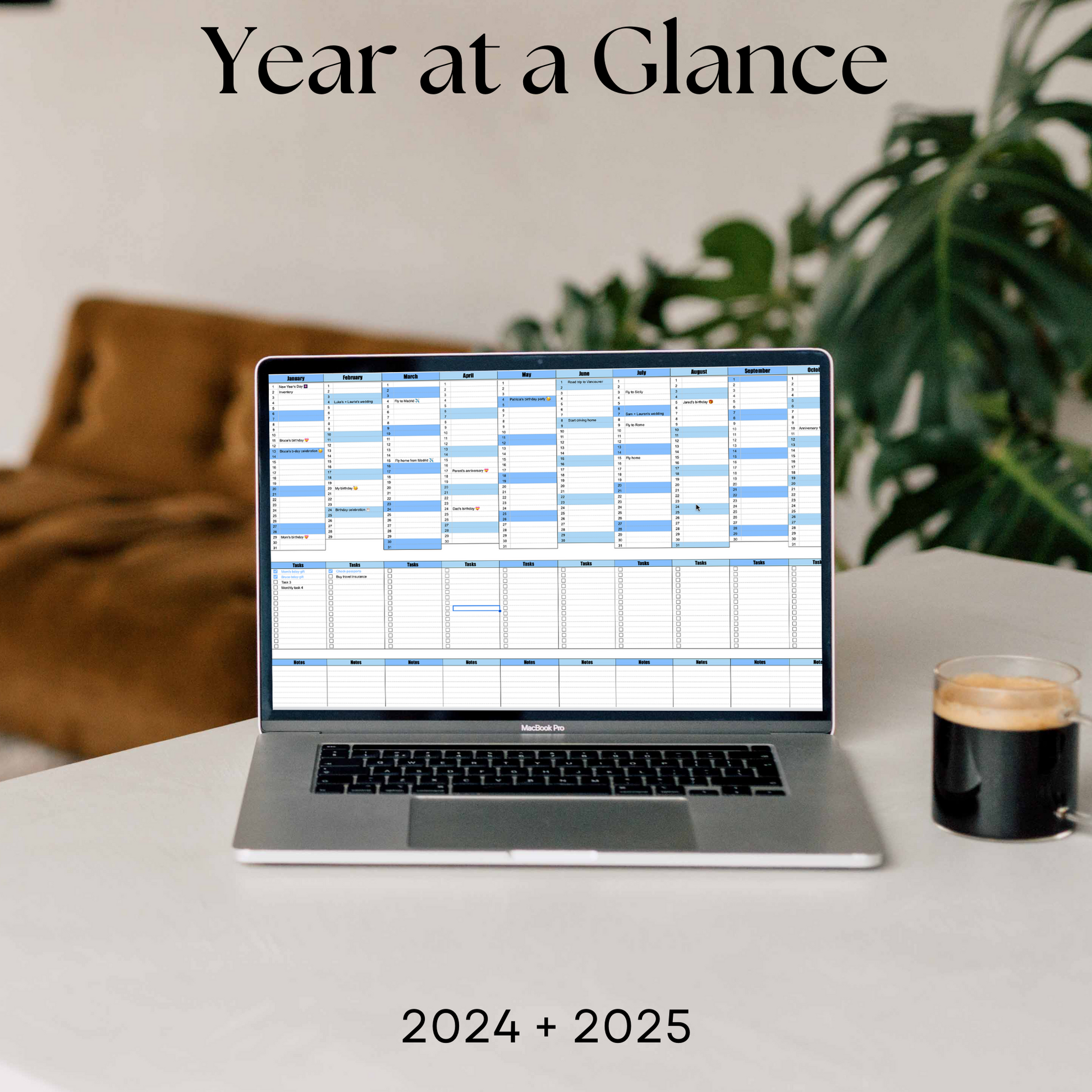 Snapshot of the multi-year 2024 and 2025 Year-at-a-Glance Annual Calendar for Google Sheets, a productivity tool designed for efficient goal planning and tracking. The image showcases a visually organized spreadsheet layout for annual overview.