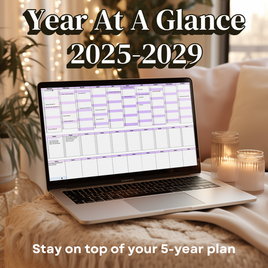 5-year 2025-2029 Year-at-a-Glance Annual Calendar for Google Sheets, a productivity tool designed for efficient goal planning and tracking