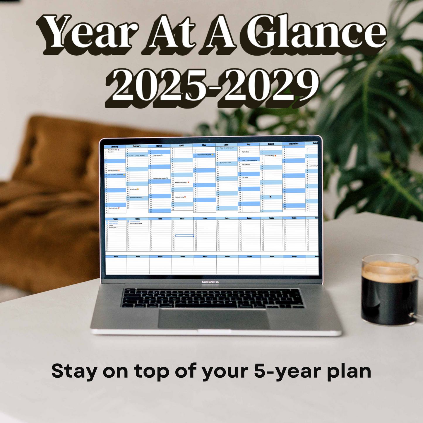 5-year 2025-2029 Year-at-a-Glance Annual Calendar for Google Sheets, a productivity tool designed for efficient goal planning and tracking