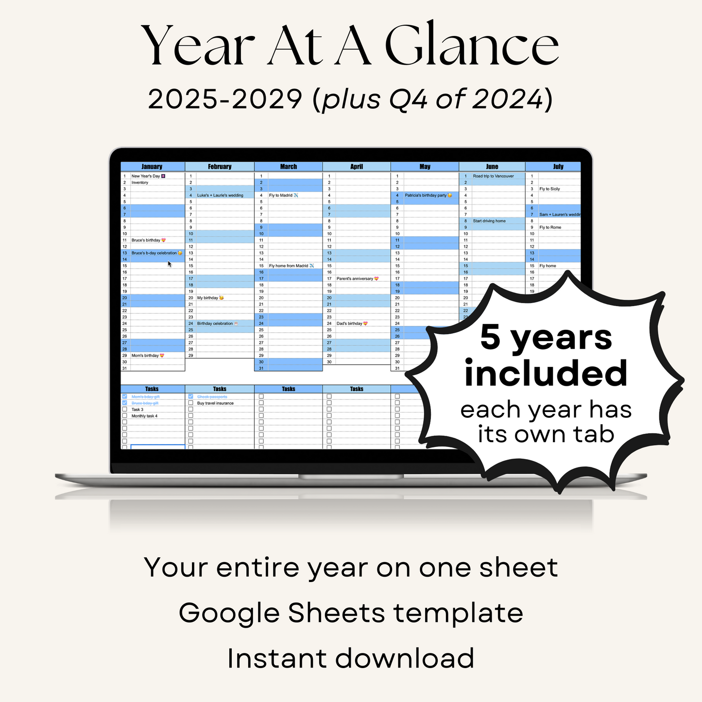 5-year 2025-2029 Year-at-a-Glance Annual Calendar for Google Sheets, a productivity tool designed for efficient goal planning and tracking