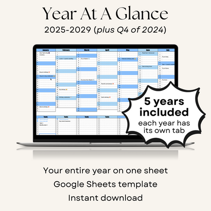 5-year 2025-2029 Year-at-a-Glance Annual Calendar for Google Sheets, a productivity tool designed for efficient goal planning and tracking