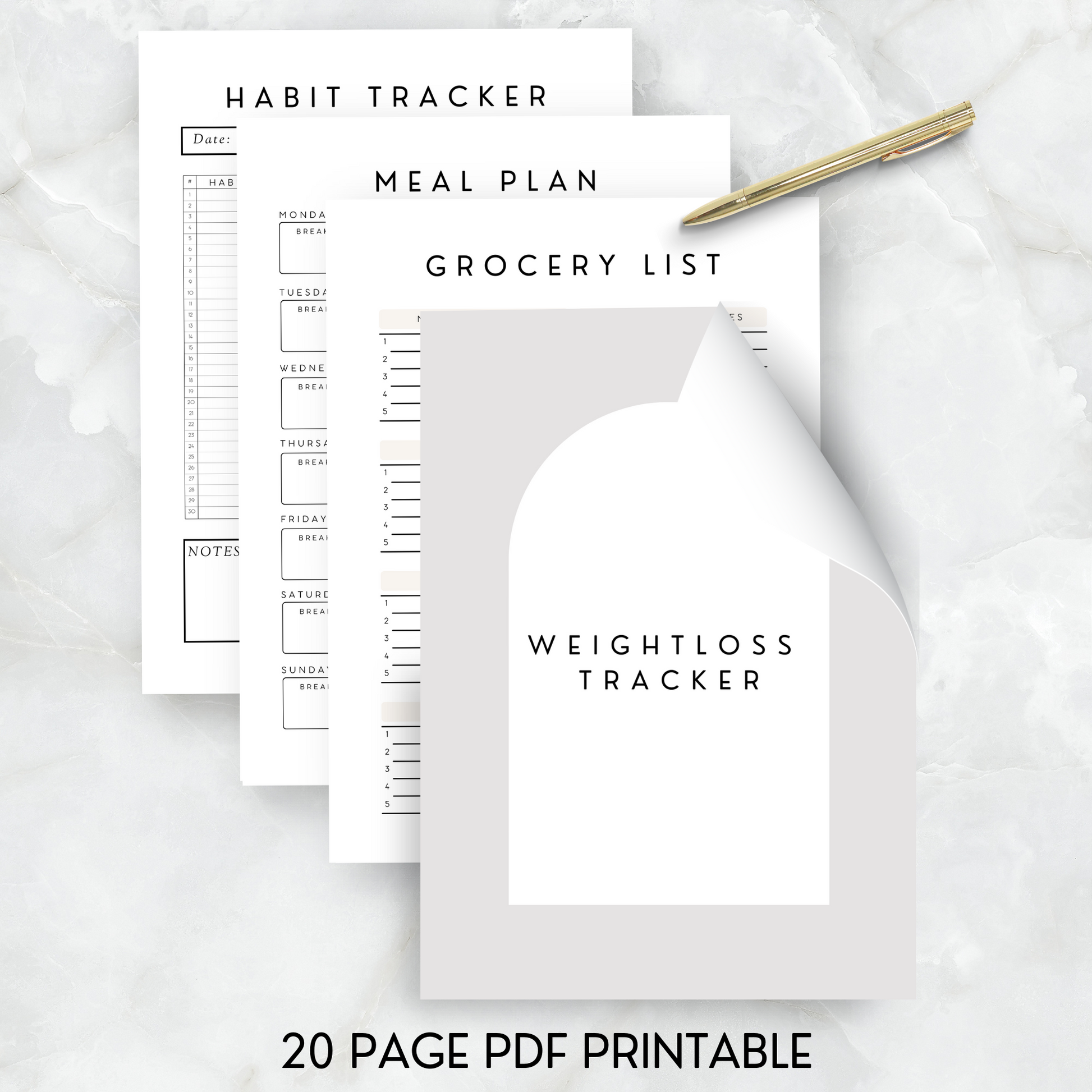 weight loss tracker fitness planner. pdf printable. grocery list, meal plan