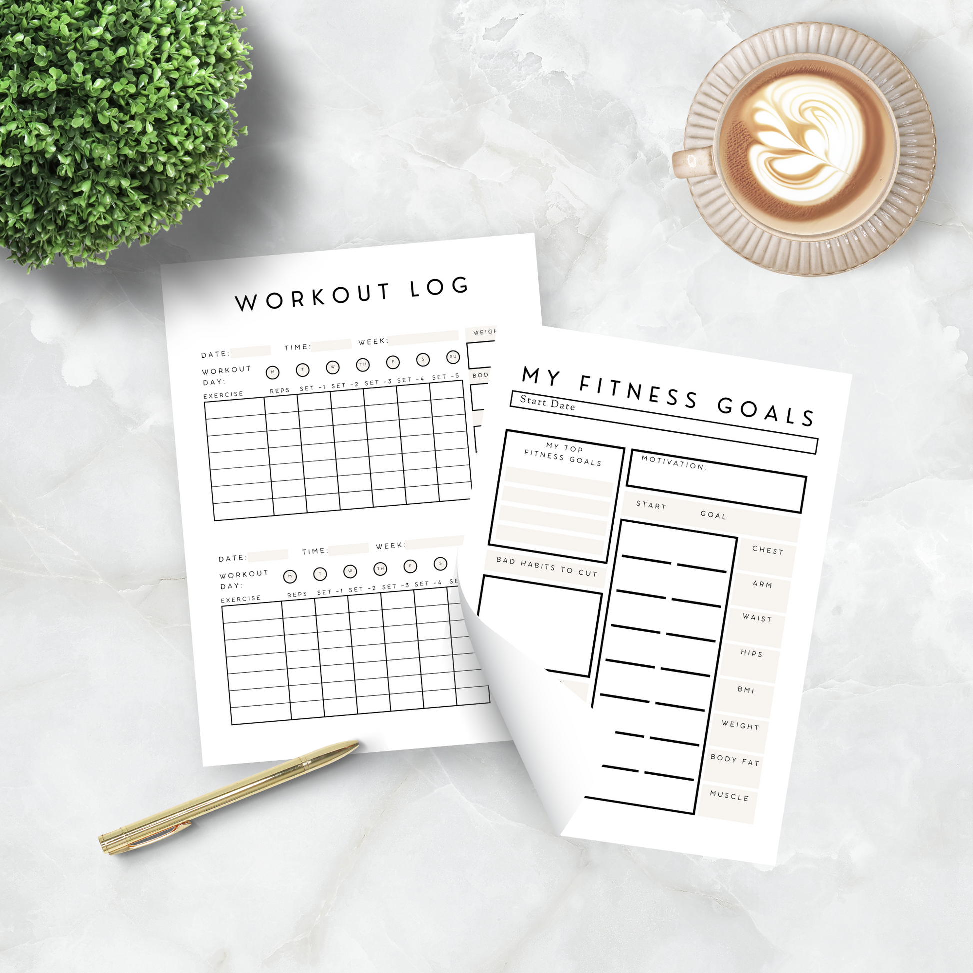 PDF printable fitness planner. workout log and fitness goals