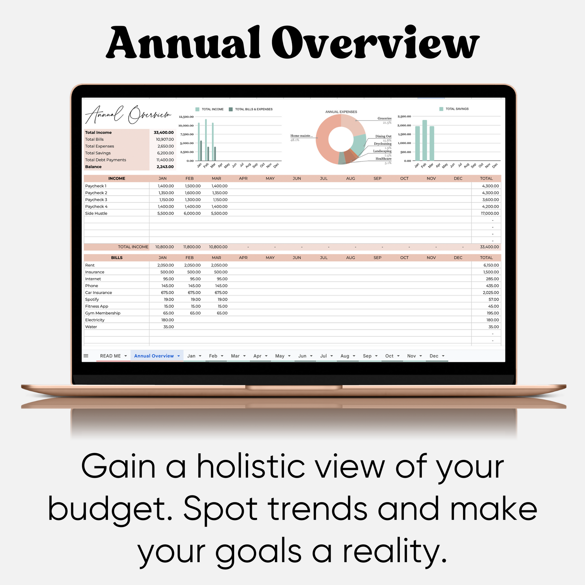 Screenshot of a user-friendly digital annual budget planner template in Google Sheets, showing categorized expense tracking, savings goals, and income management for effective personal finance planning. The spreadsheet makes managing your budget easy and efficient.