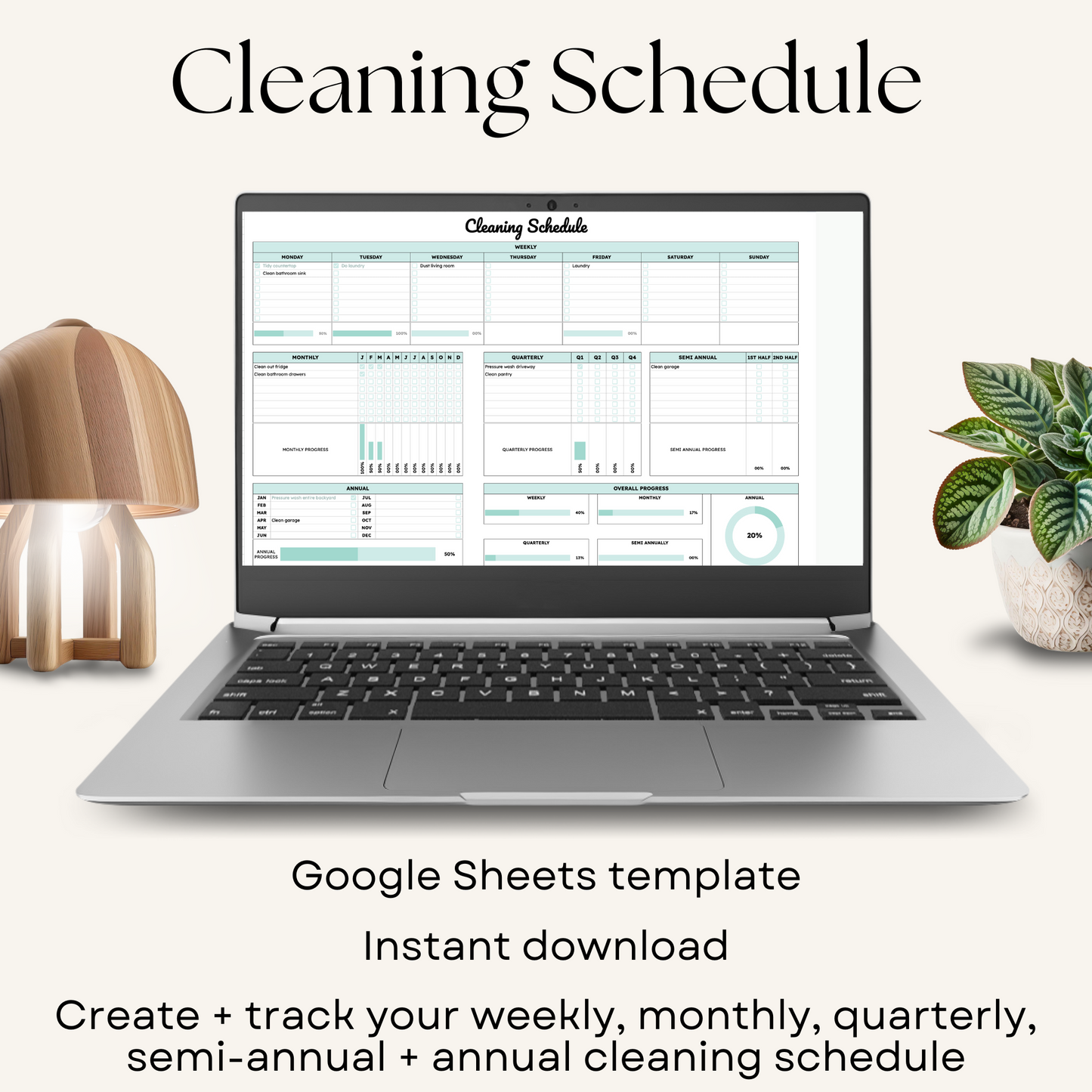 digital cleaning schedule google sheets template. track weekly, daily, monthly, quarterly, semi annual and annual cleaning tasks.